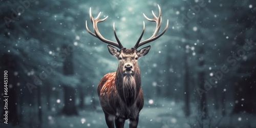 Noble deer male in the winter snow forest. Artistic winter Christmas landscape.