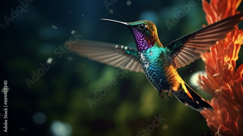 A hummingbird with a large bill displaying its colors. © jannat