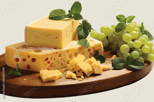 heese triangle, traditional Dutch cheese with holes, isolated on white background assortment of cheese with grapes isolated on white. Piece of cheese and tomatoes, on wooden board,