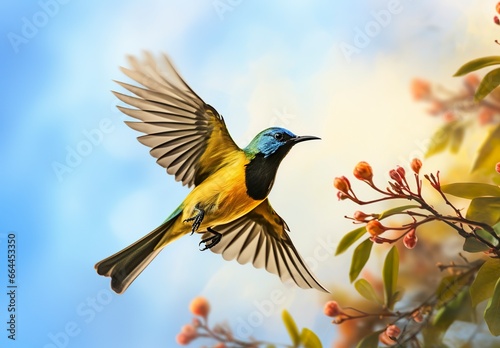 Olive backed sunbird, Yellow bellied sunbird flying in the bright sky. © MSTASMA