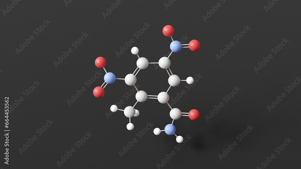 dinitolmide molecule, molecular structure, anticoccidial drug, ball and stick 3d model, structural chemical formula with colored atoms dinitolmide molecule, molecular structure, anticoccidial drug, ball and stick 3d model, structural chemical formula with colored atoms