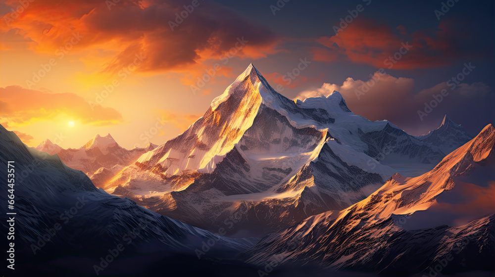 Mountain peak of the tibetan snow-capped mountains, a beautiful panorama of the mountains at sunset of the day - obrazy, fototapety, plakaty 