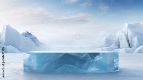 Product podium display from ice around snowy icy landscape with mountains