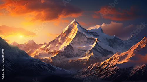 Mountain peak of the tibetan snow-capped mountains, a beautiful panorama of the mountains at sunset of the day photo