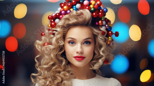 Christmas Woman Beauty. Beautiful Girl hairstyle in Fir Tree decor with Xmas Ornaments. Women Face Skin Winter Care. Fashion Model