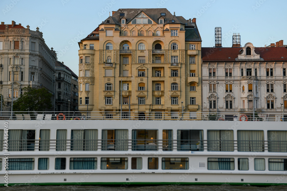 Ship and buildings seen from the Danube river at Budapest on Hungery