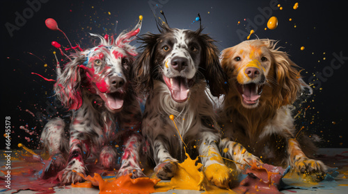 Dogs playing and smiling with color powder exploding in studio setting