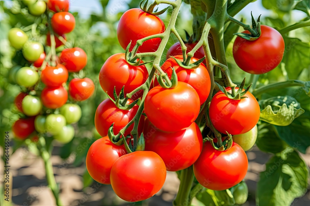 Fresh bunch of red natural tomatoes on a branch in vegetable garden.