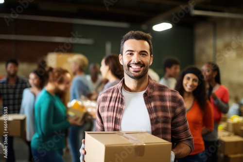 A young guy smiles, works in the field of charitable donations, packing and delivering food. photo