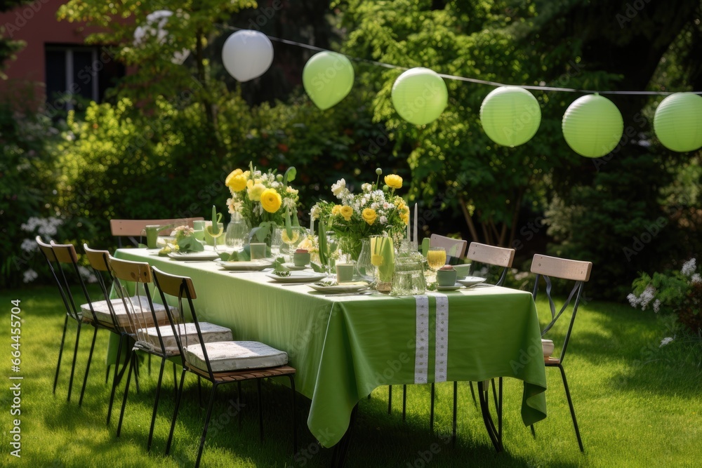 Obraz premium Elegant outdoor table setting for a festive dinner or wedding reception in a beautiful garden.