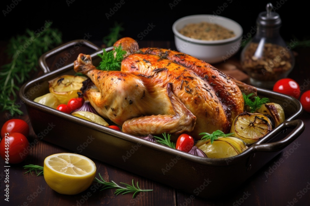 A mouth-watering dish of crispy-skinned fried chicken surrounded by a variety of delicious sides, perfect for a holiday meal.