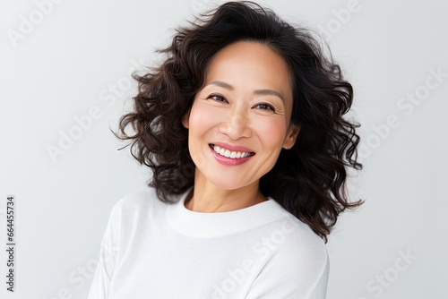 A cheerful and confident middle aged Asian woman with a beautiful smile showing her positive and joyful personality.