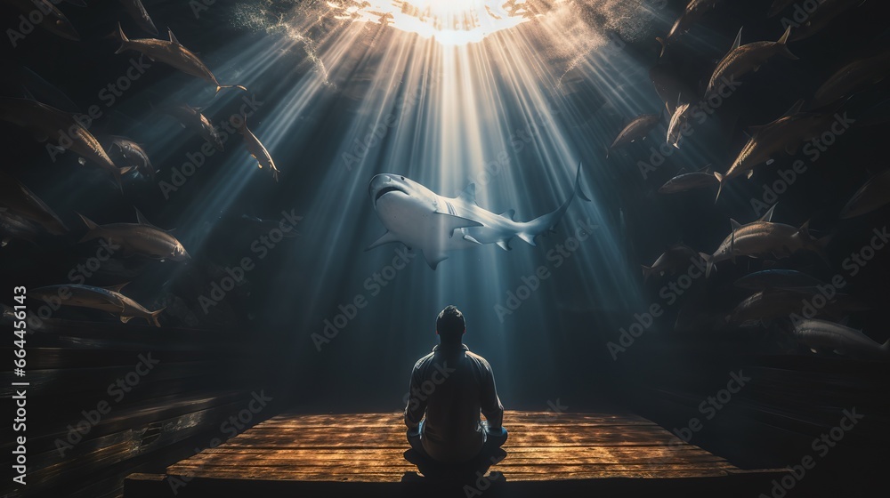 man man explores aquatic life in an aquarium. opposite silhouette concept - obrazy, fototapety, plakaty 