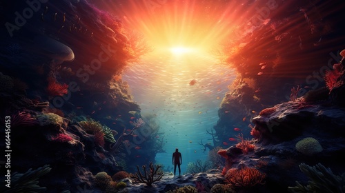 scuba diver in the depths of the ocean with fish, shark, the sun breaks through the surface of the water with its rays.