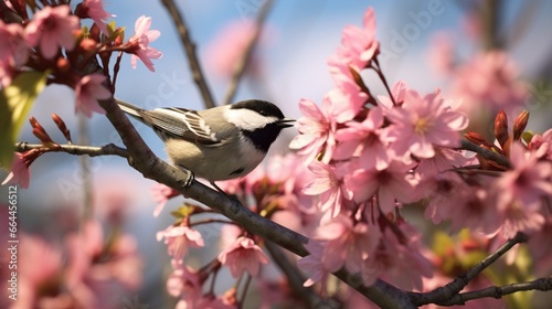 A black-capped chickadee singing in the flowering plants.