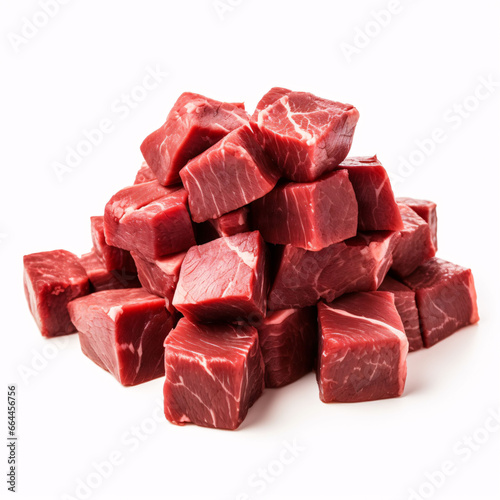 Pile of beef cubes isolated on white. 