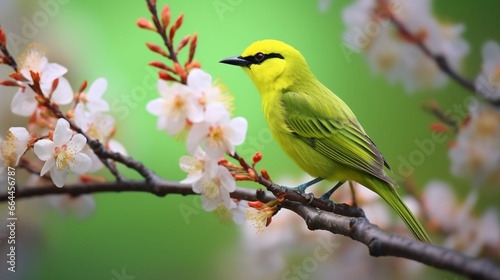 A stunning and vibrant bird The Golden-fronted Leafbird (Chloropsis aurifrons) was photographed against a green, hazy background while sitting on a blossoming tree. © jannat