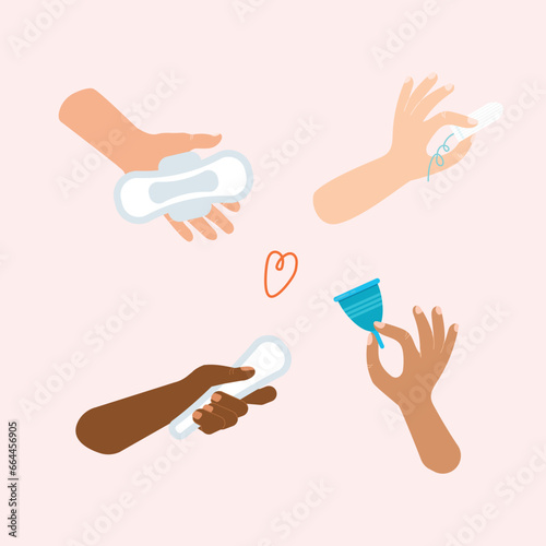 Menstrual period. Female hygiene product. Hands with different skin colours holding tampon, sanitary pads, menstrual cup. Vector illustration in trendy flat style isolated.