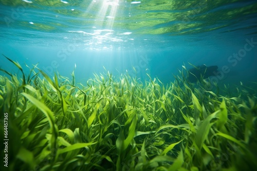 Underwater view of a group of seabed with green seagrass. © MSTASMA