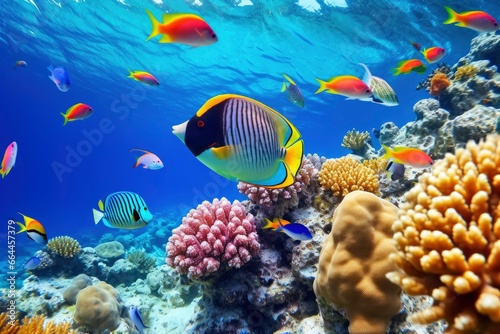 Underwater world with corals and tropical fish. © MSTASMA