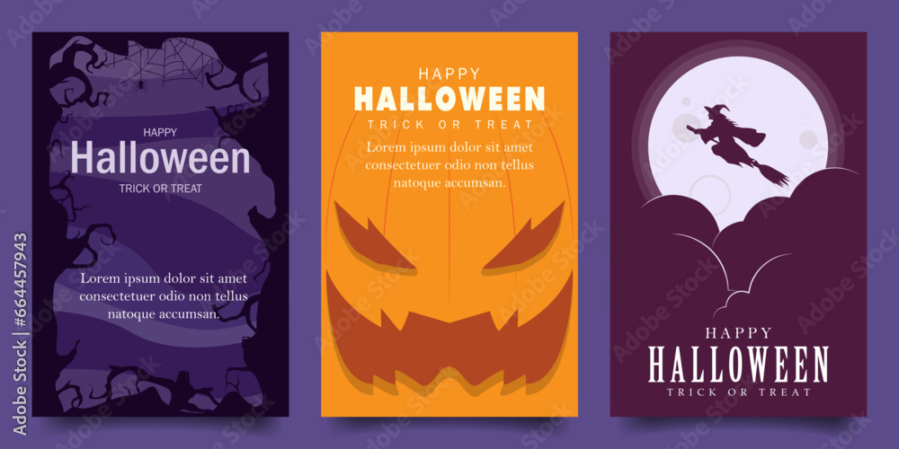 happy halloween vector design illustration background with scary frame forest, pumpkin and witch on moon theme design. for banner, poster, social media, promotion