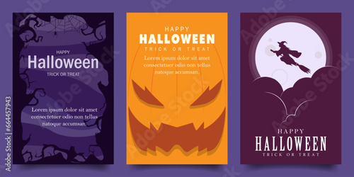 happy halloween vector design illustration background with scary frame forest, pumpkin and witch on moon theme design. for banner, poster, social media, promotion