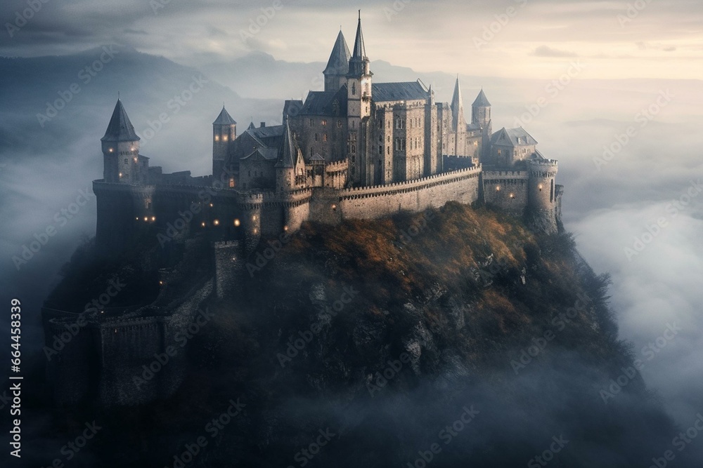 Enchanting fortress engulfed in fog, captivating artwork, atmospheric historical setting. Generative AI
