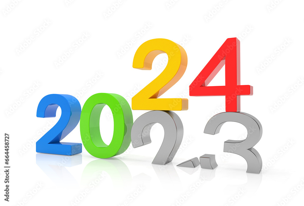 3d render of the numbers 2024 and 23 in colorful over white reflecting background. The number 24 falls on the number 23 and breaks in it in the ground. 3d render of the numbers 2024 and 23 in colorful over white reflecting background. The number 24 falls on the number 23 and breaks in it in the ground.