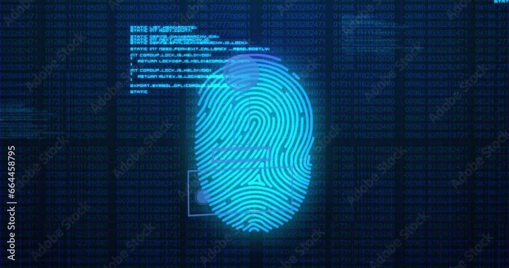 Animation of video game controller icons over biometric fingerprint scanner and data processing