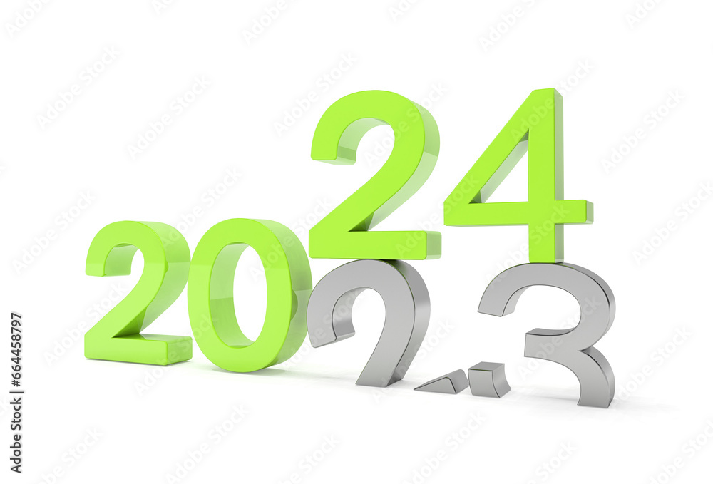 3d render of the numbers 2024 and 23 in green and silver over white background. The number 24 falls on the number 23 and breaks in it in the ground. 3d render of the numbers 2024 and 23 in green and silver over white background. The number 24 falls on the number 23 and breaks in it in the ground.