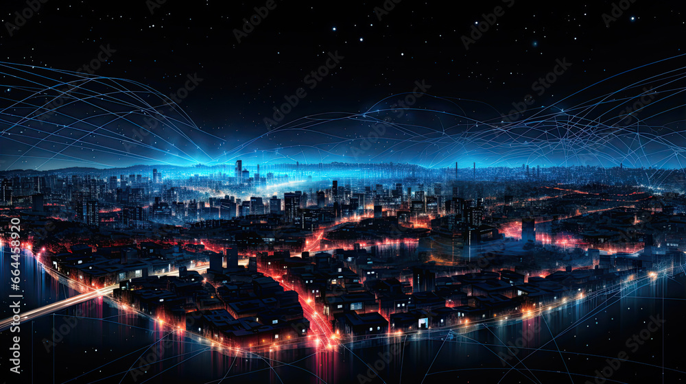 A digital illustration of a city a night with technology connection lines. Communication concept.