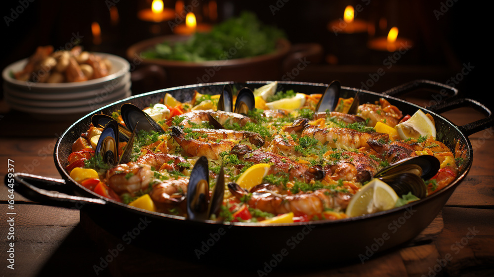 A sumptuous seafood paella bubbling in a giant pan, brimming with saffron-infused rice, shrimp, mussels, and more A sumptuous seafood paella bubbling in a giant pan, brimming with saffron-infused rice, shrimp, mussels, and more