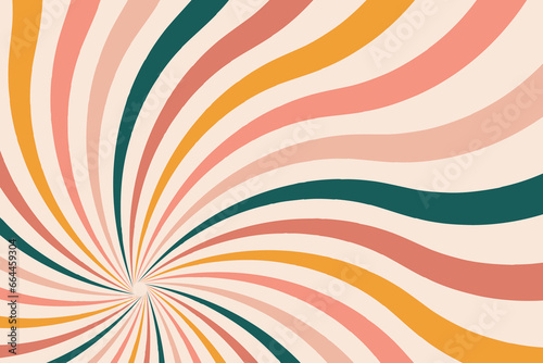 Groovy abstract rainbow swirl background. Retro 1960s and 1970s vector design style. Sun and rainbow swirl pattern, textured wavy shapes design, banner, vintage poster vibes, Funky ray elements.