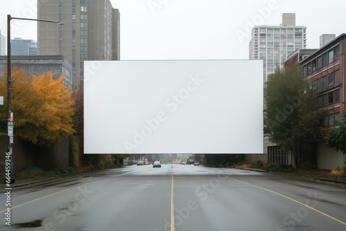 Blank billboard on the road with city view background. Copy space ready