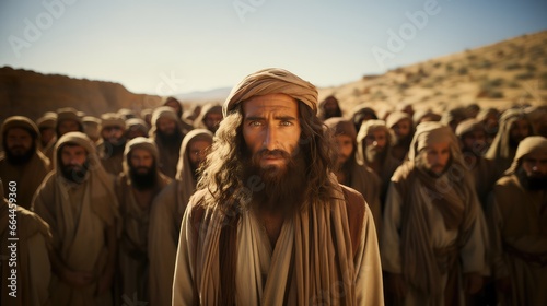 Biblical character. Bearded man with long brown hair looking at camera. Closeup portrait.
