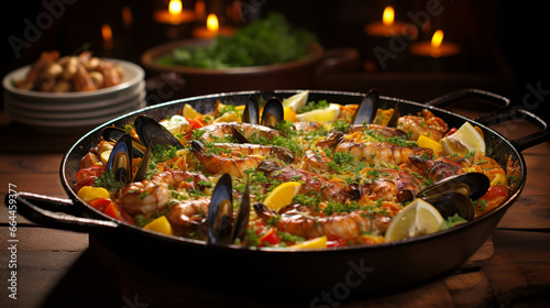 A sumptuous seafood paella bubbling in a giant pan, brimming with saffron-infused rice, shrimp, mussels, and more