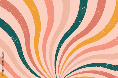 Groovy abstract rainbow swirl background. Retro 1960s and 1970s vector design style. Sun and rainbow swirl pattern,  textured wavy shapes design, banner, vintage poster vibes, Funky ray elements.