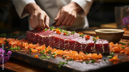 A mesmerizing shot of a sushi chef meticulously slicing a fresh tuna loin, showcasing the precision and skill required in seafood preparation