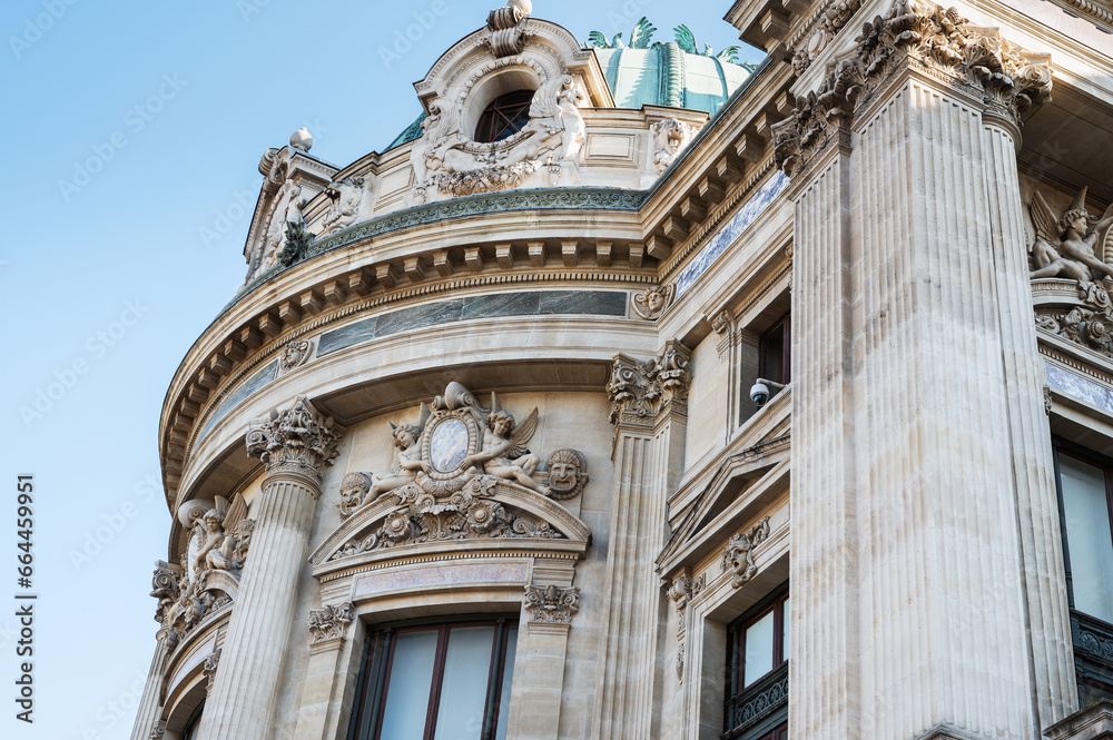 Exterior details of Opera Garnier in Paris also known as Palais Garnier, It was built for the Paris Opera from 1861 to 1875
