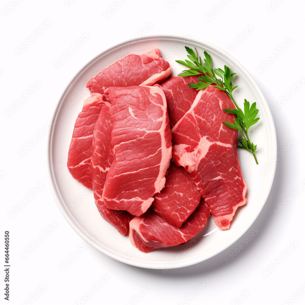 Fresh raw beef in ceramic plate isolated on white
