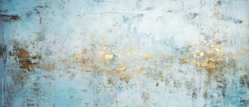Fototapeta premium Light Blue textured background with golden shimmer. Grunge, abstract concrete background. Decorative stucco, painting. Generative ai.