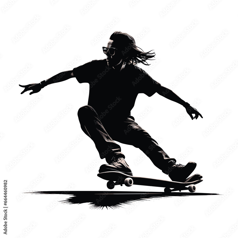 Black silhouette of a boy performing skateboard tricks on the street