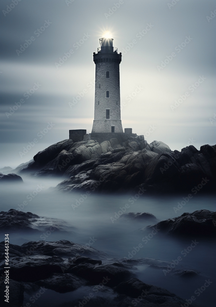 Solitary Lighthouse on Isle at Dawn: Ethereal Beauty & Balance - Radiant Sky, Reflective Water & Touch of Life with Silhouette - Lighthouse Guiding Through Ethereal Twilight.