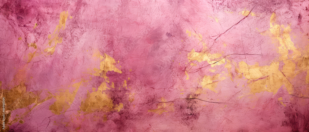 Pink, Rose textured background with golden shimmer. Grunge, abstract concrete background. Decorative stucco, painting. Generative ai.