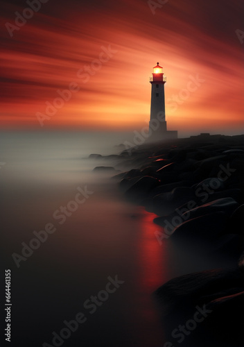 Ethereal Beauty of a Lighthouse at Twilight with Silhouetted Person - Radiant Skies & Tranquil Waters Reflecting Amber Hues - Dynamic Cloud Movements - Copy Space.