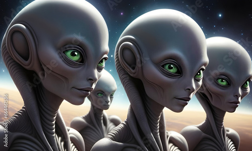 Atmospheric portrait of a group of alien beings from another planet with space background.  Generative AI