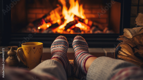 Cozy Winter Retreat: Point of View of Warm Feet Covered with Knit Socks Relaxing by the Fireplace in a Cabin photo