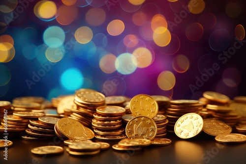 Canvas Print Golden coins with bokeh background, Abstract background for Chanukah Gelt( Jewish) : Chocolate coins given to children during Hanukkah