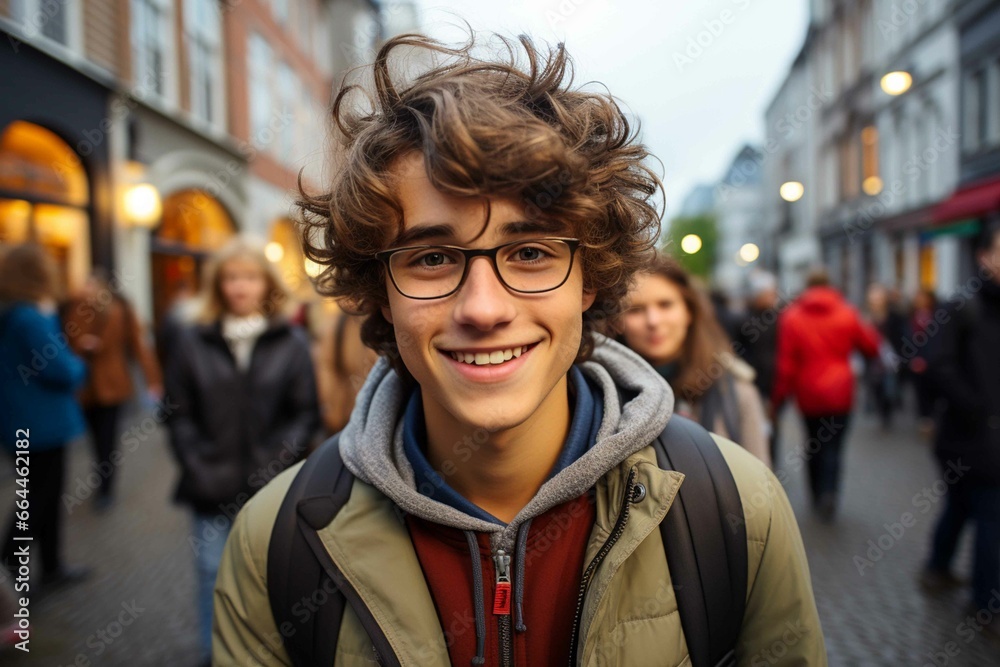 Selfie of young adult with glasses smiling on city streets. Selfie of young adult with glasses smiling on city streets.