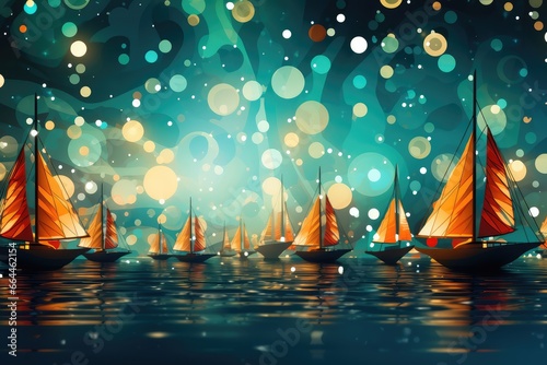 sailing boats on the water with bokeh lights, Abstract background Christmas Boat Parade : Boat parades featuring festively decorated boats and yachts. AI generated